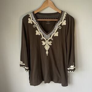 Talbots Long Sleeve Womens Shirt 3/4‎ Length Sz XL 100% Cotton Brown embroidered